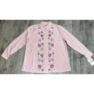 Classic Elements Shirt Womens Medium Pink Floral Embroidered Button Up 90s NWT